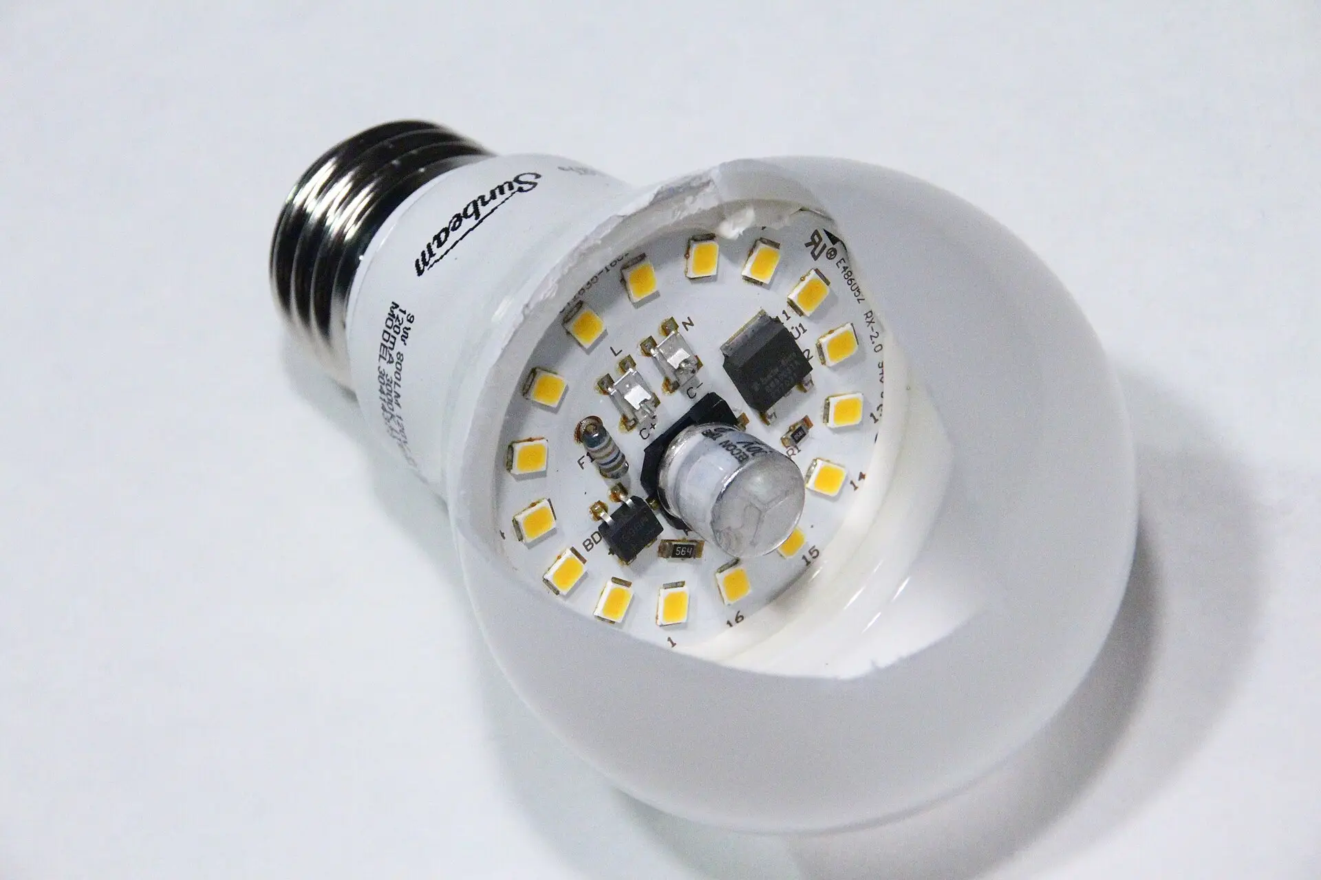 A frosted LED bulb with its LED chips visible